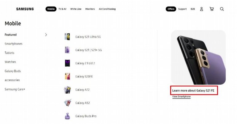 Samsung Galaxy S21 FE İlk Kez Bir Samsung Web Sitesinde 