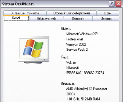 Sistem Özellikleri Penceresi