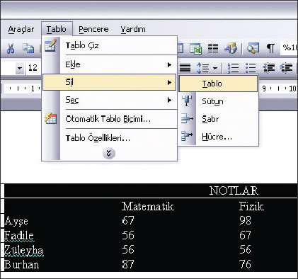 Tablo'yu Seçmek ve Silmek