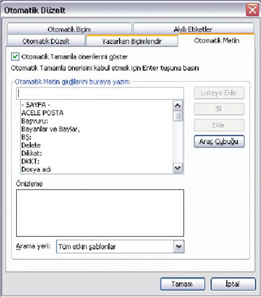 Otomatik Düzeltme Seçenekleri