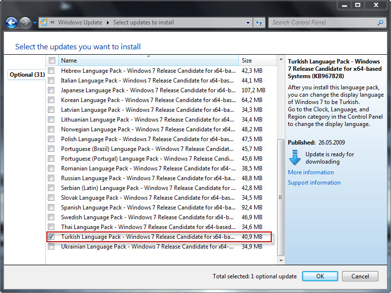 Windows 7 RC Ultimate Dil Paketleri