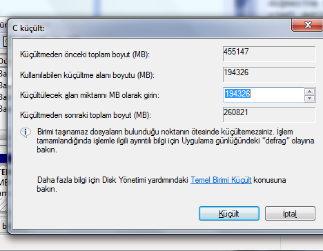 Örnek 1: bölümü küçülterek yeni bölüm oluşturma