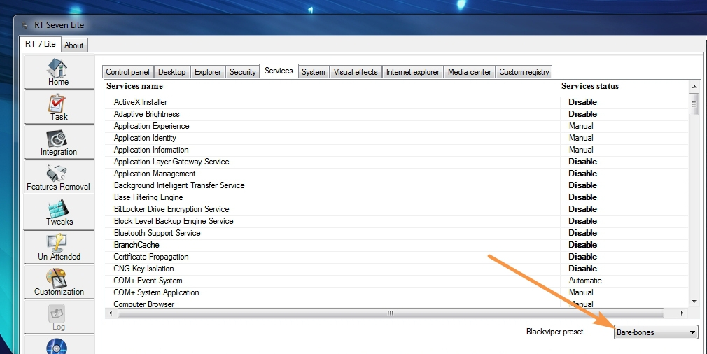 Services, Settings, Visual E., Custom Registry