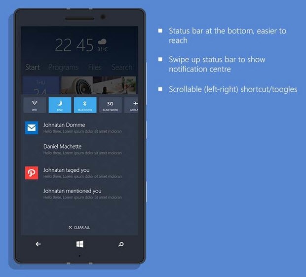 Telefonlara özel Windows 10 konseptinden kareler