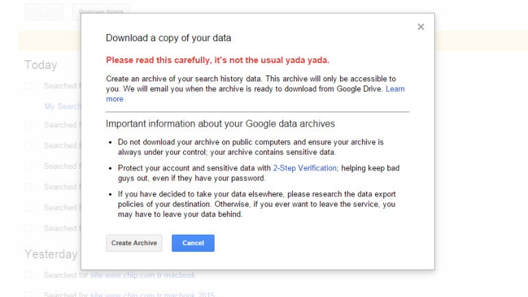Google arama geçmişini indirmek artık mümkün!