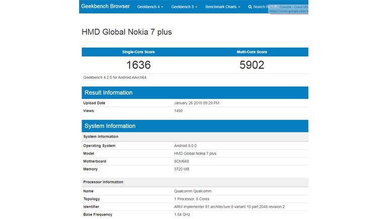Nokia 7 Plus, Benchmark Sitesinde Göründü