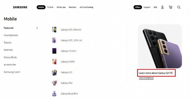 Samsung Galaxy S21 FE İlk Kez Bir Samsung Web Sitesinde